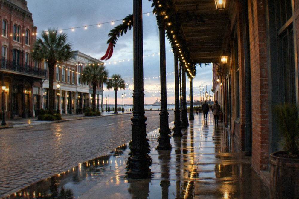 Historic Strand storefronts lit by string lights on a December evening
