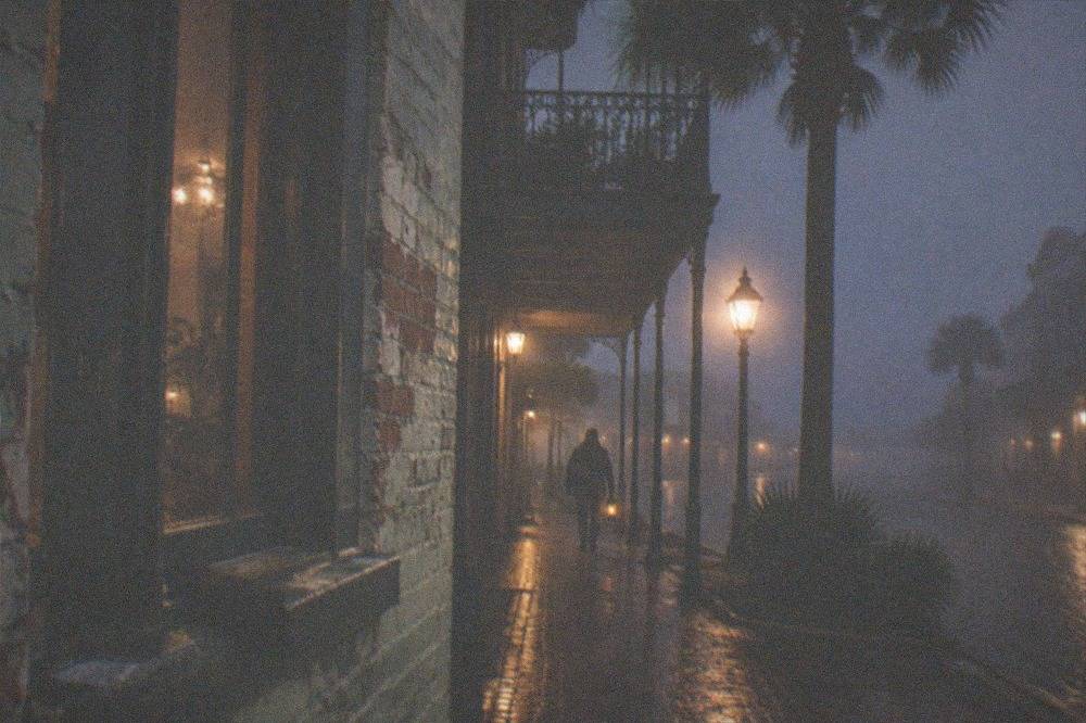 Lantern light on a historic Galveston street corner at night