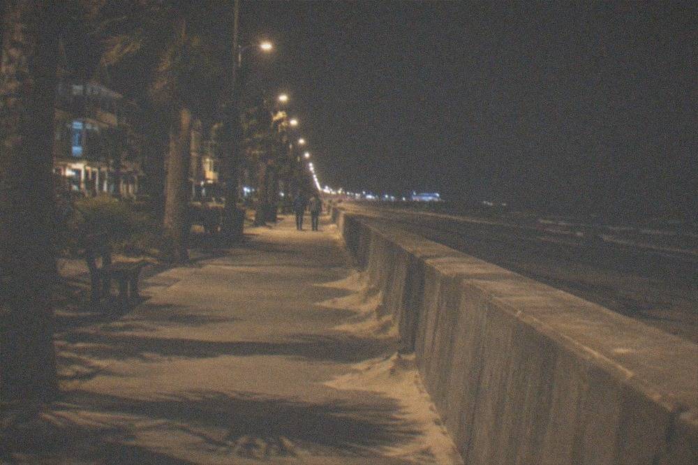 A long stretch of seawall boulevard at night with streetlights and storefronts in the distance