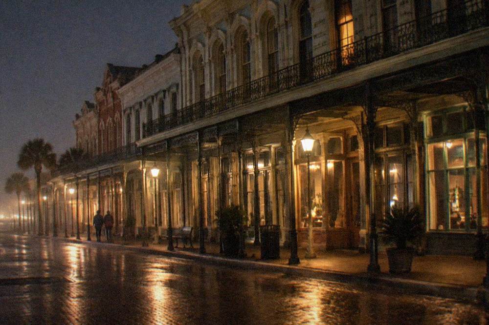 Victorian brick storefronts along the Strand Historic District at night
