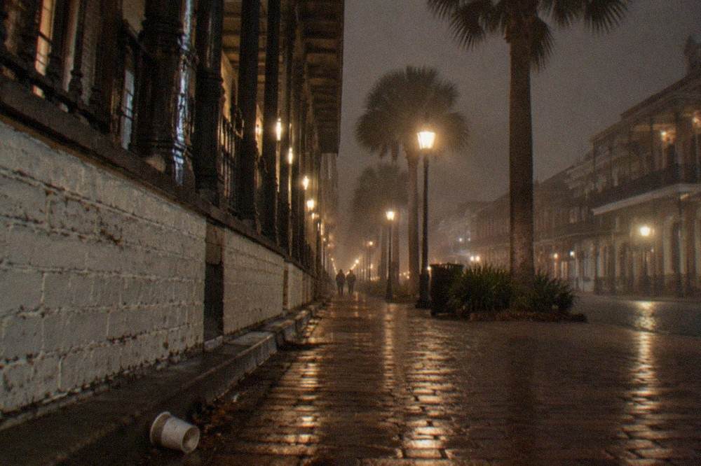 Victorian brick buildings on the Strand lit by streetlamps at night