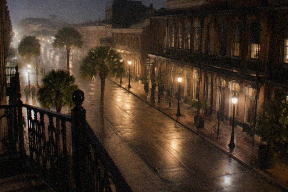 A historic Strand street corner at night with iron-fronted brick buildings lit by streetlamps