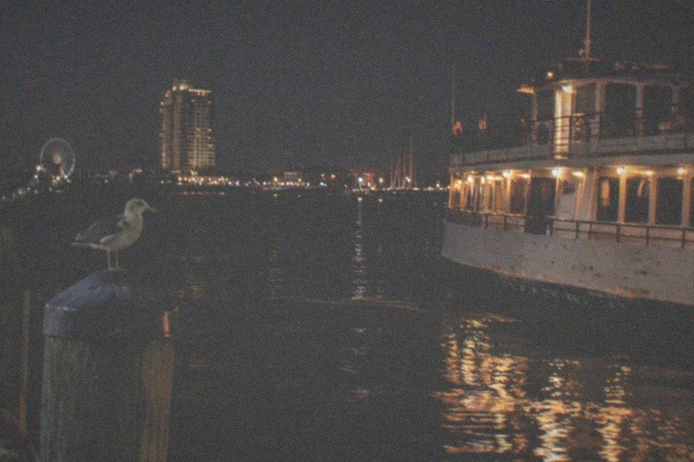 Boat lights reflected in harbor water at night