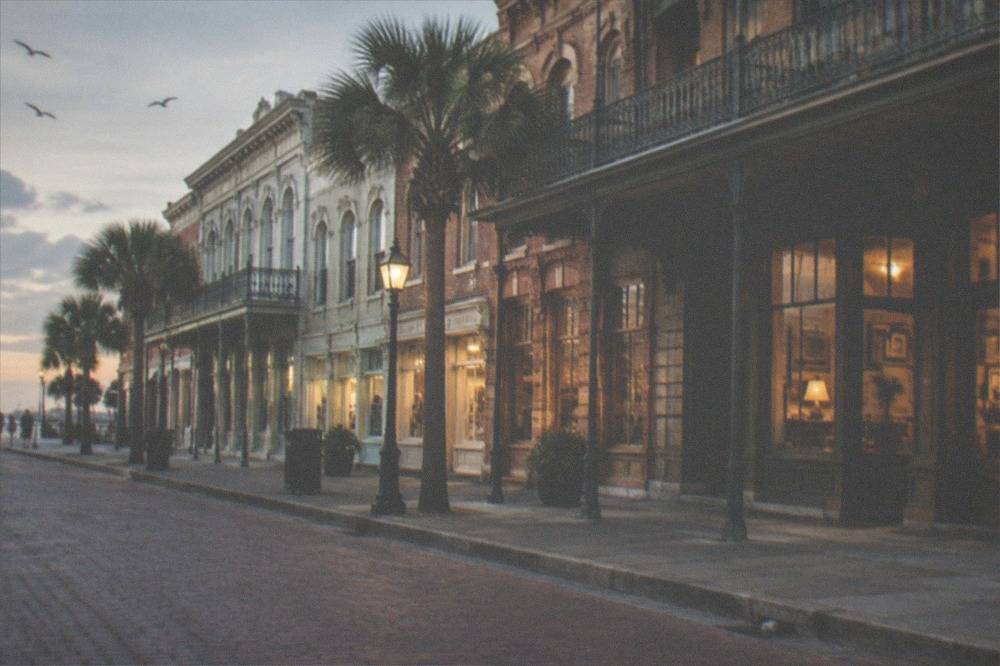 An evening street scene in the Galveston Strand district with lit storefronts and empty sidewalks