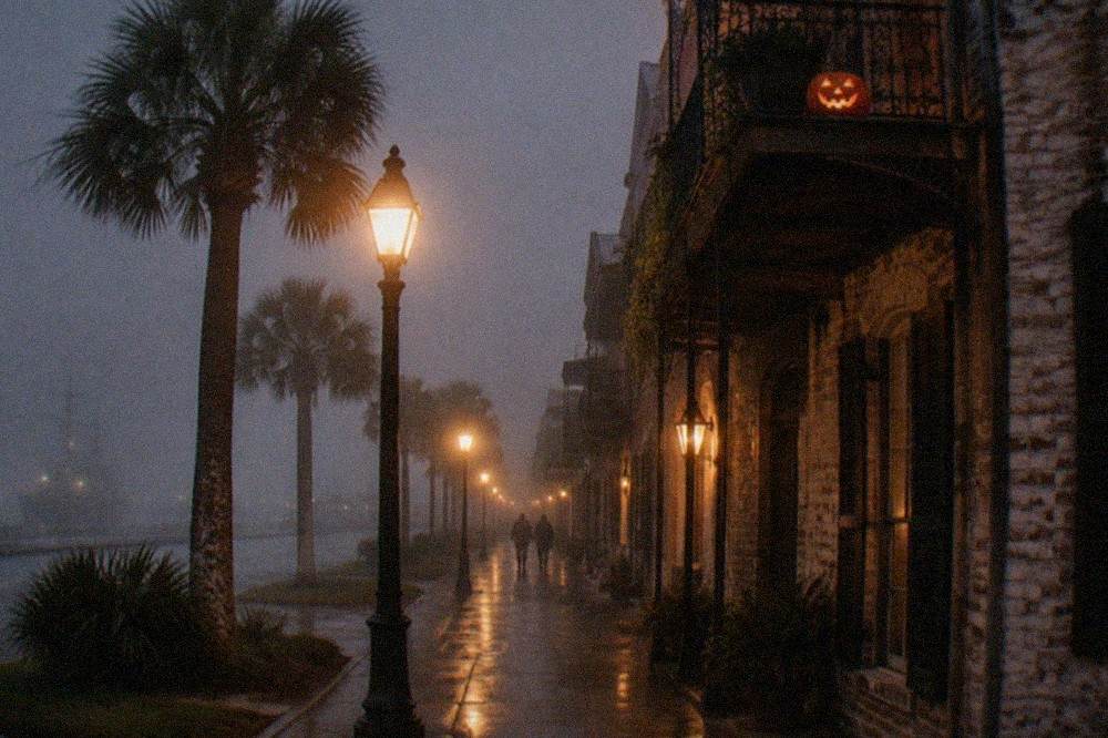 Lantern-lit historic street in downtown Galveston at night