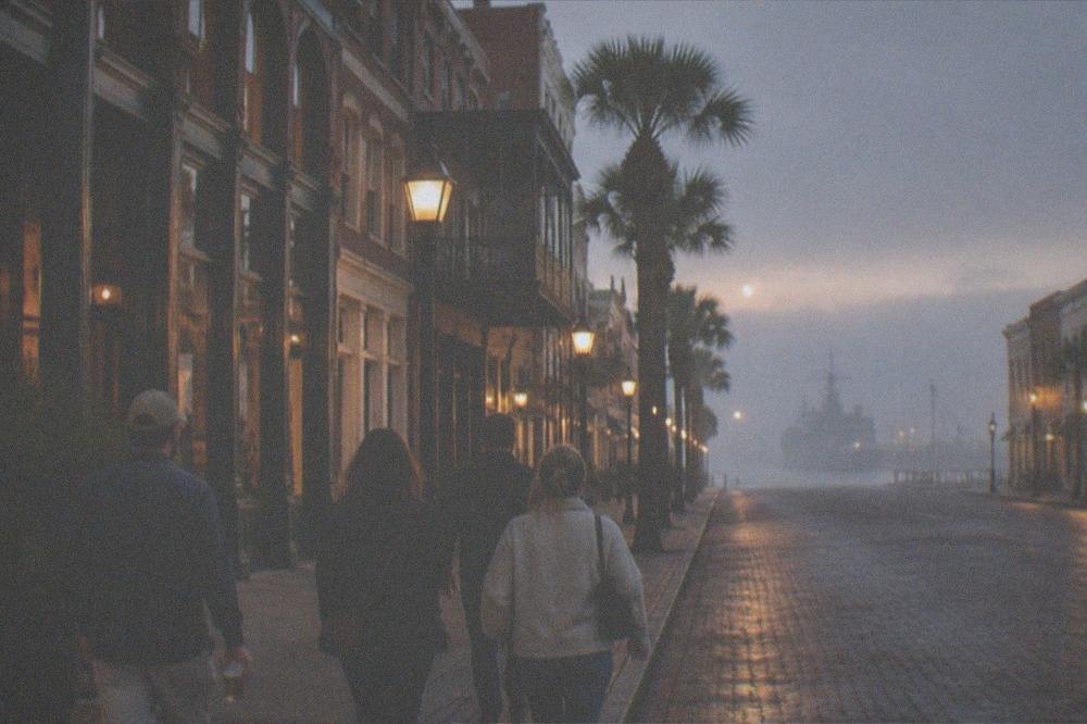 A group of adults walking together down a lamplit historic street in the evening
