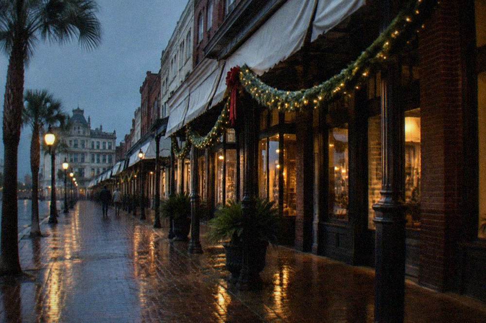 Storefront awnings and bar signs along a brick-paved commercial street at night