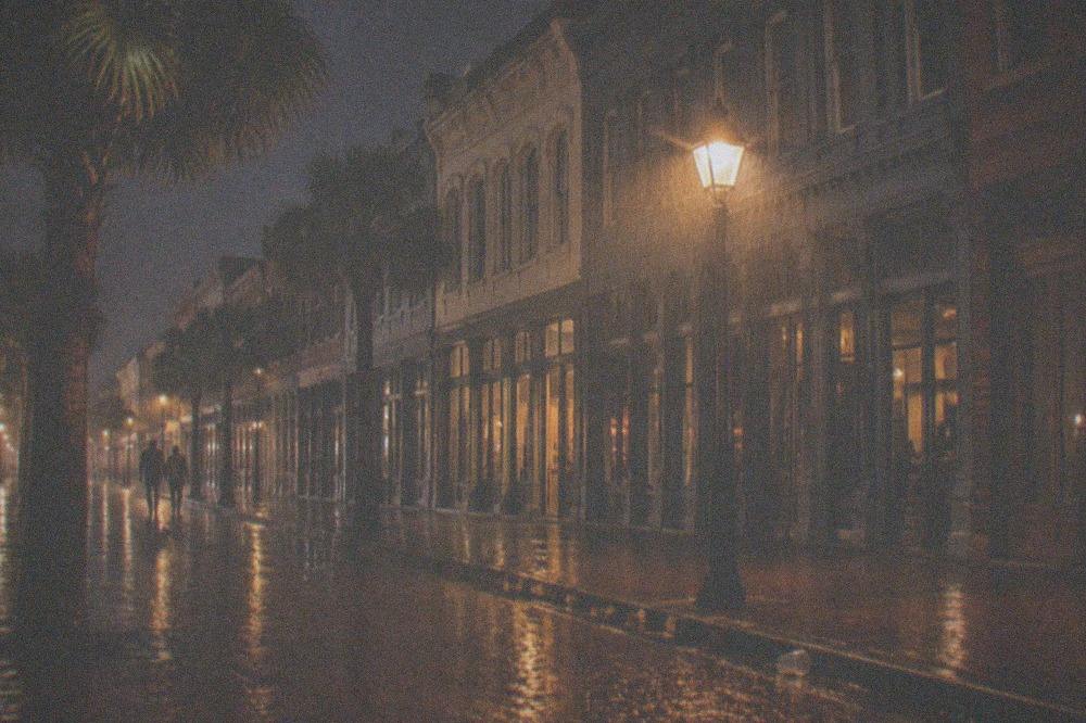 Lantern light on a historic downtown street at night with brick storefronts