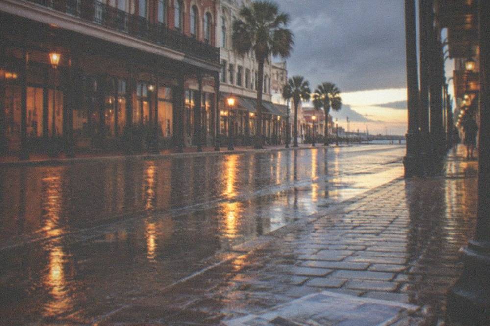 Wet brick street reflecting street lamp light after evening rain